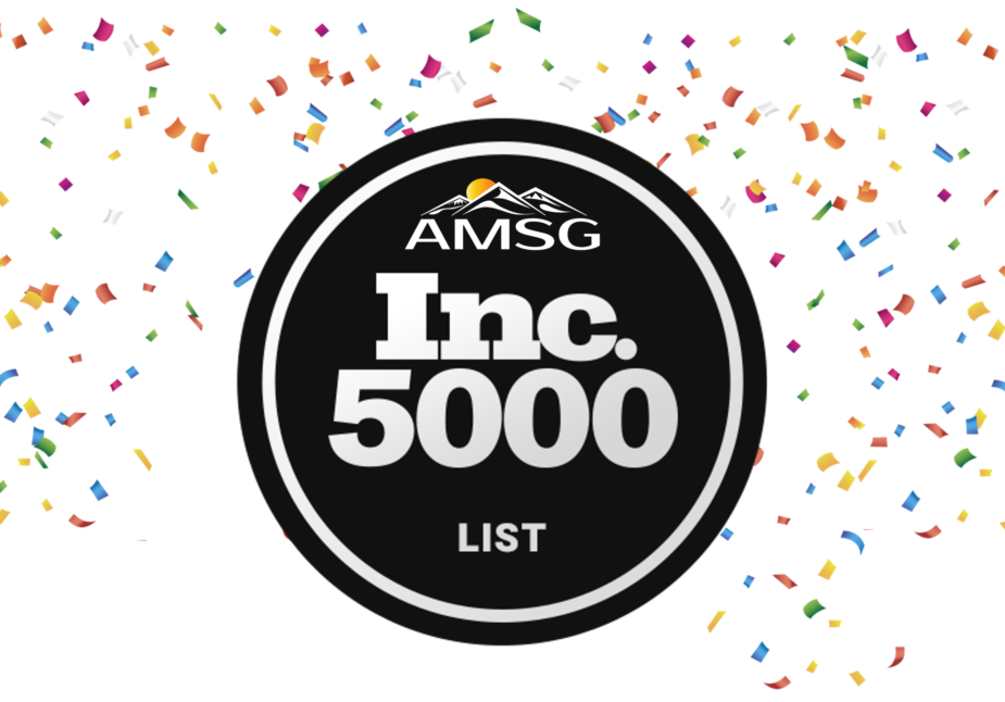AMSG Inc 5000 logo - round circle black with confetti around it