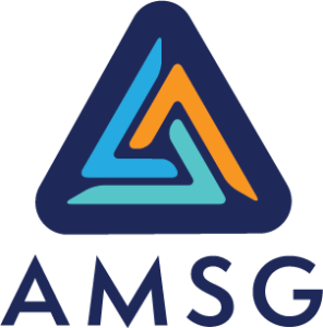 AMSG logo blue triangle with light blue teal and orange inside