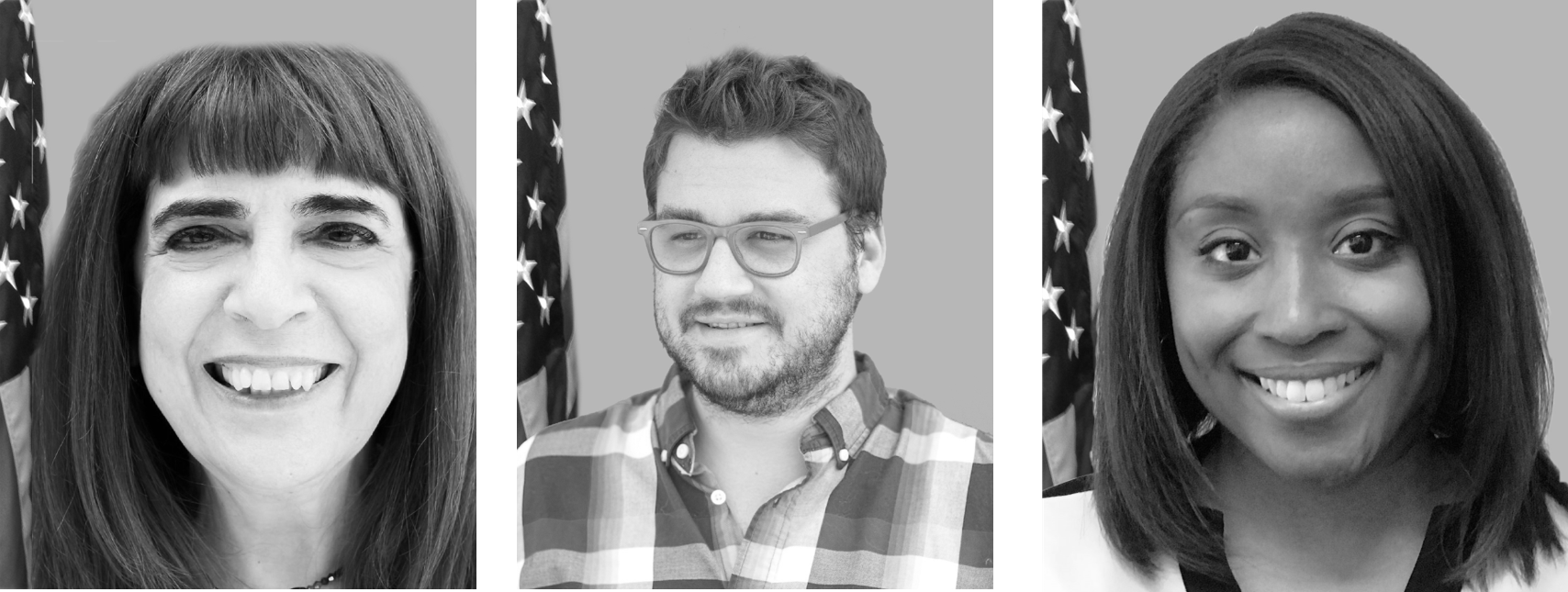 Three black and white portraits of smiling individuals in front of American flags.