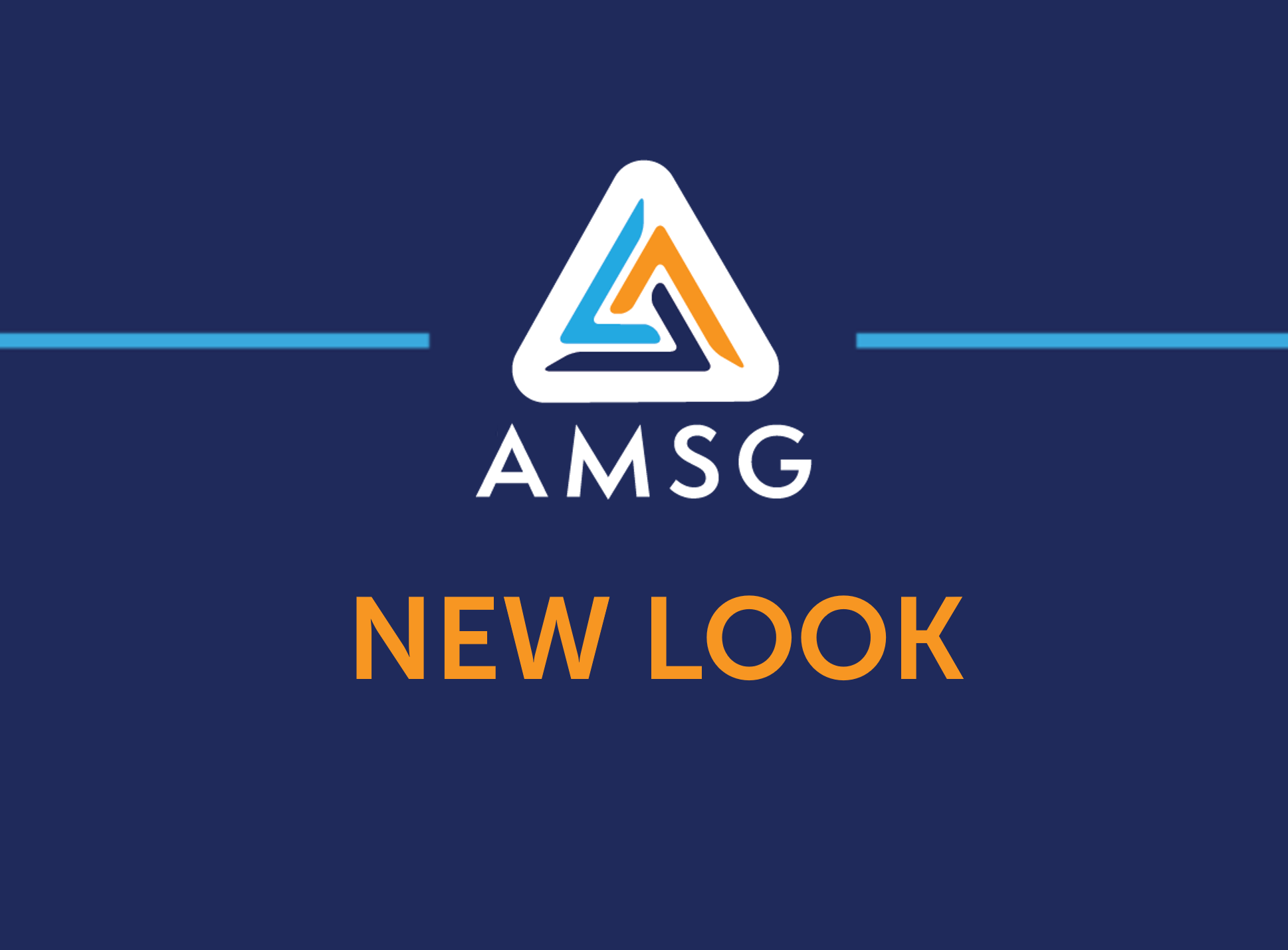 A white triangle with orange and blue accents above the text "AMSG". Below a horizontal light blue line, the text "NEW LOOK" is displayed in orange.