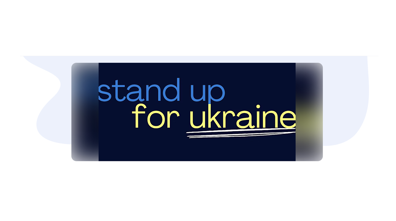 The words "stand up" in blue text above "for ukraine" in yellow text, underlined with a white line, all on a dark blue rectangle.