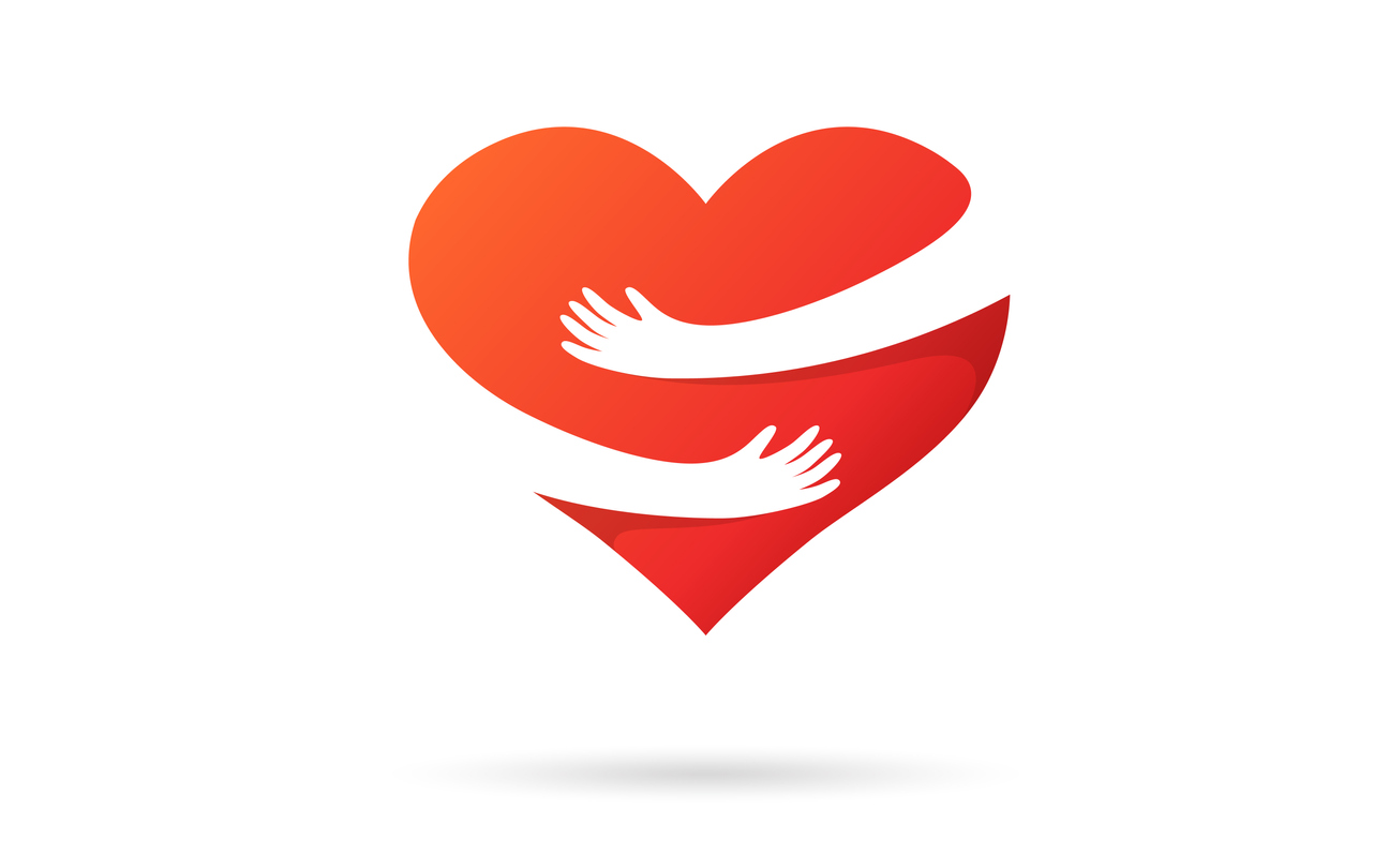 A stylized red heart embraced by two white hands.