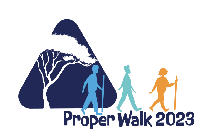 Makindu Children's Program logo for their 2023 Proper Walk. Which is three silhouettes (one blue, teal, and orange) walking away from a white tree in a navy blue triangle with walking sticks.