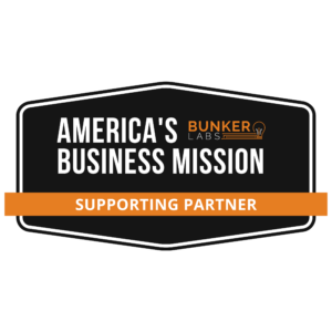Black and orange badge of America's Bunker Labs, stating Bunker Labs America's Business Mission Supporting Partner