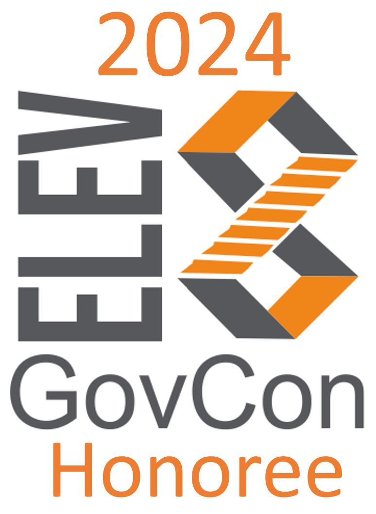 Elev8 GovCon Honoree 2024 logo: Gray and orange text "2024," "ELEV," "GovCon," and "Honoree," with a stylized gray and orange number eight composed of geometric shapes.