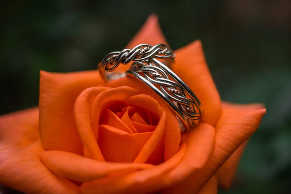 Wedding rings placed on an orange rose.