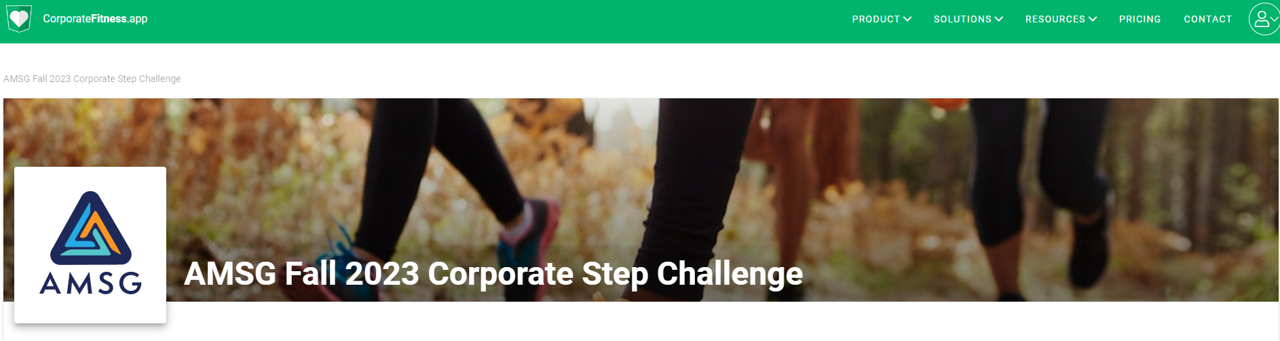 Webpage screenshot: CorporateFitness.app website with a green header containing logo and navigation, a banner image showing people walking outdoors, AMSG logo, and the text "AMSG Fall 2023 Corporate Step Challenge."