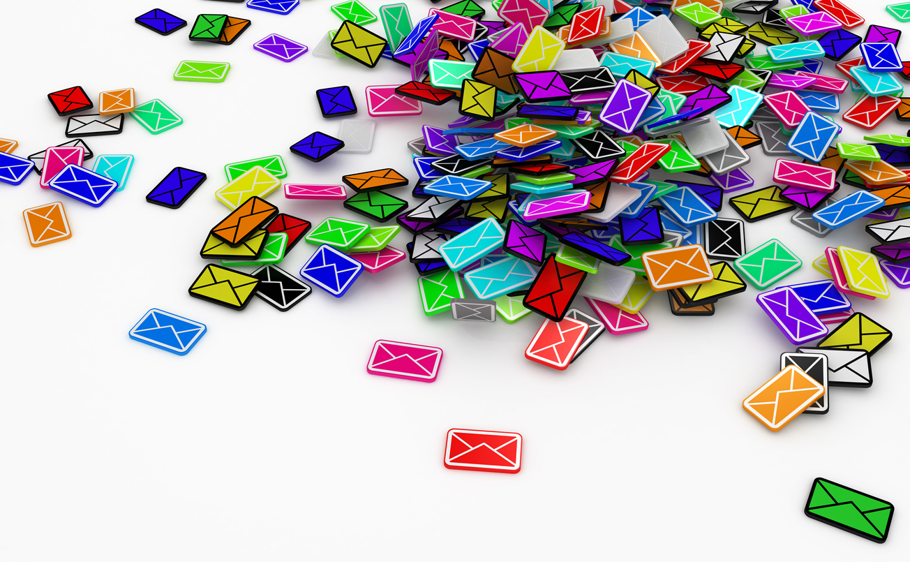 Scattered colorful envelope icons on a white background, suggesting email communication or a digital inbox.
