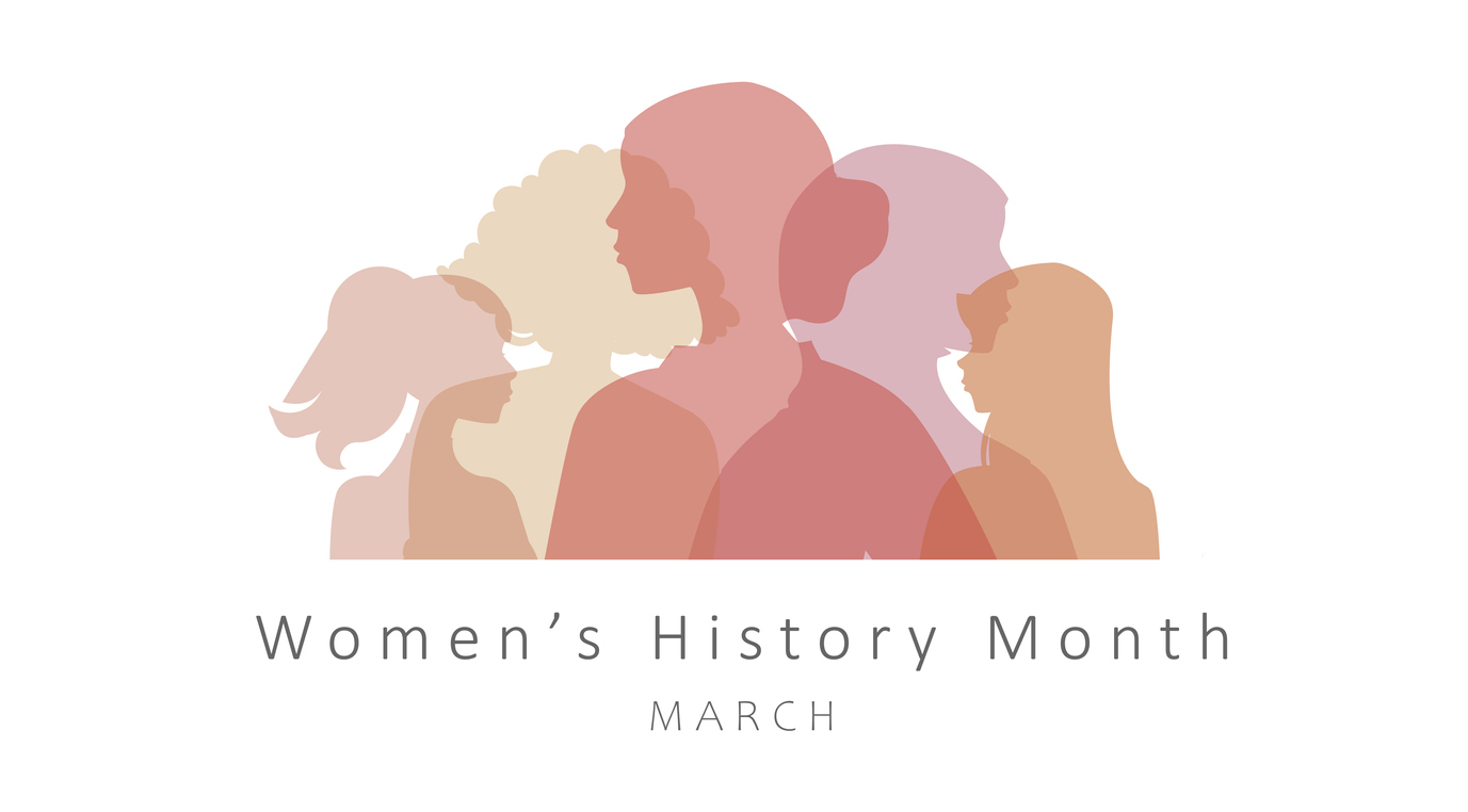 Women's History Month graphic: Silhouettes of diverse women in shades of pink, beige, and brown, arranged in a group, above the text "Women's History Month" and "MARCH" in a light gray, sans-serif font, all on a white background.