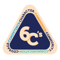 Triangular emblem with rounded corners, featuring a dark blue triangle with light peach '6's' inside. Light peach border with the words 'COURAGE-COMPETENCE-CHARACTER-COMPASSION-COMMUNITY-COMMUNICATION-COURAGE' written around it.