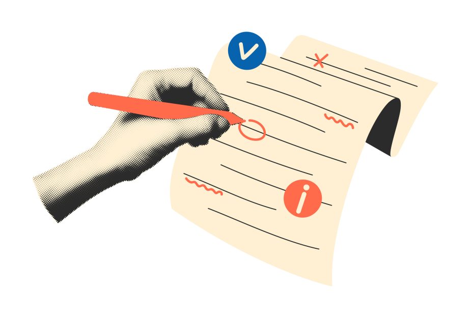 A hand holding a red pen marking a checklist with icons, including a checkmark, an "X," and an information symbol, on a beige scroll-like document with wavy underlines and circles for emphasis.