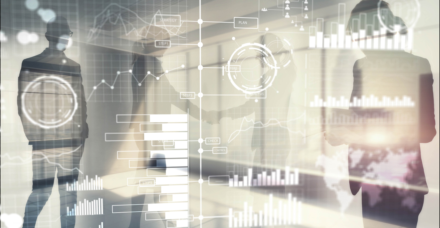 Collage of silhouetted business figures overlaid with data visualizations, including charts, graphs, and text labels like "PLAN" and "NOTE," in a bright, modern office setting.