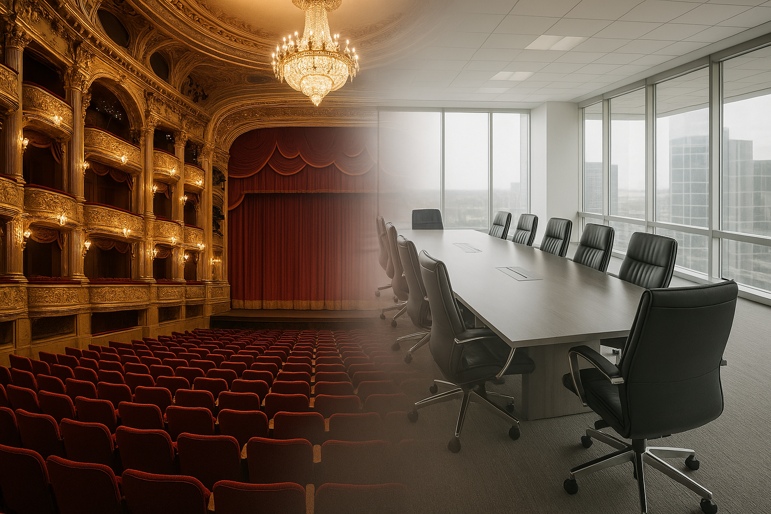 A composite image showing a traditional theater with red velvet seats and a stage with a red curtain on the left, fading into a modern conference room with a long table, black chairs, and large windows overlooking a cityscape on the right.
