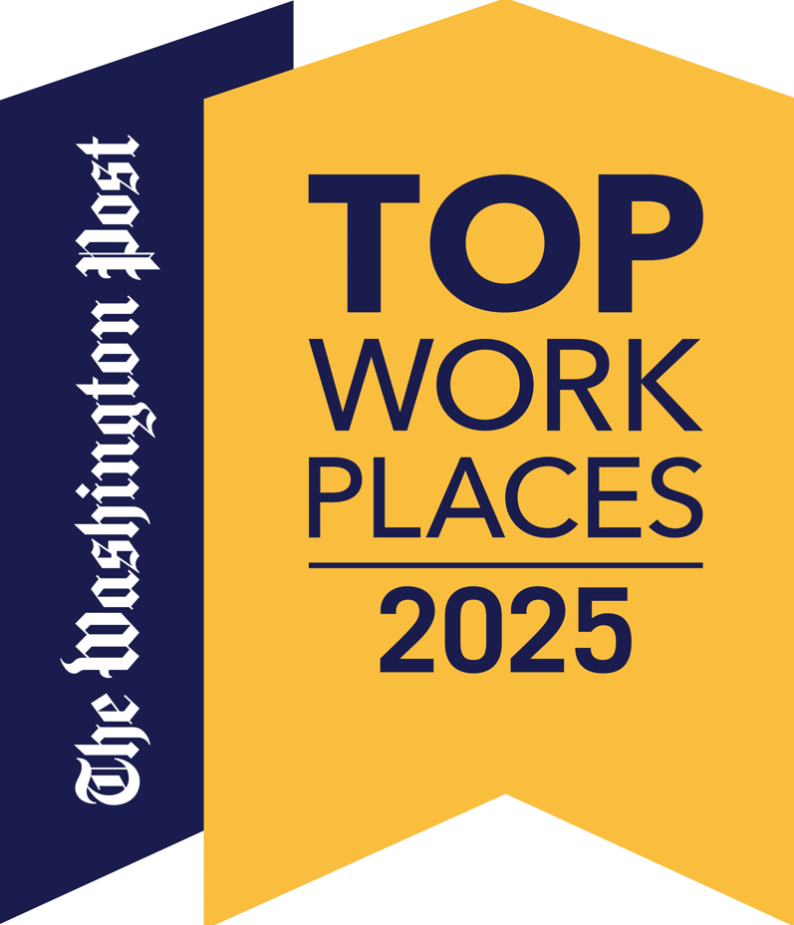 A logo featuring a dark blue banner with "The Washington Post" and a yellow banner with "TOP WORK PLACES 2025" in dark blue text.