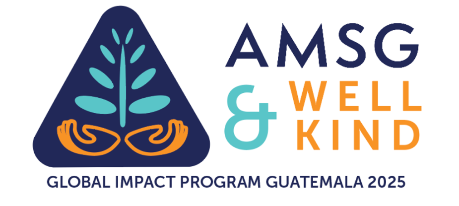 The AMSG & Well Kind Global Impact Program Guatemala 2025 logo. A dark blue triangular emblem with a plant growing out of orange hands is to the left of the text "AMSG & WELL KIND" and "GLOBAL IMPACT PROGRAM GUATEMALA 2025".