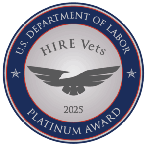 U.S. Department of Labor HIRE Vets Platinum Award seal for 2025. The seal features a stylized eagle, text, and a blue ring with white stars.