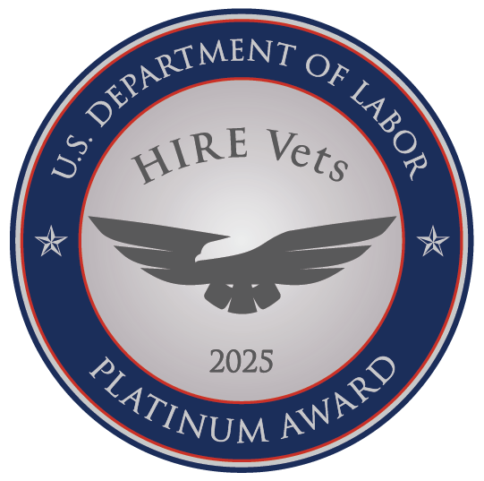 U.S. Department of Labor HIRE Vets Platinum Award seal for 2025. The seal features a stylized eagle, text, and a blue ring with white stars.