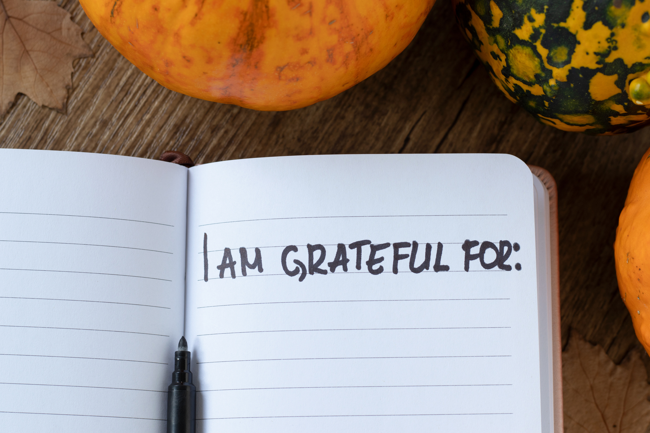 An open lined notebook with the handwritten phrase "I AM GRATEFUL FOR:" across the top line. The notebook is surrounded by autumn decorations, including a pen, dried leaves, and gourds.