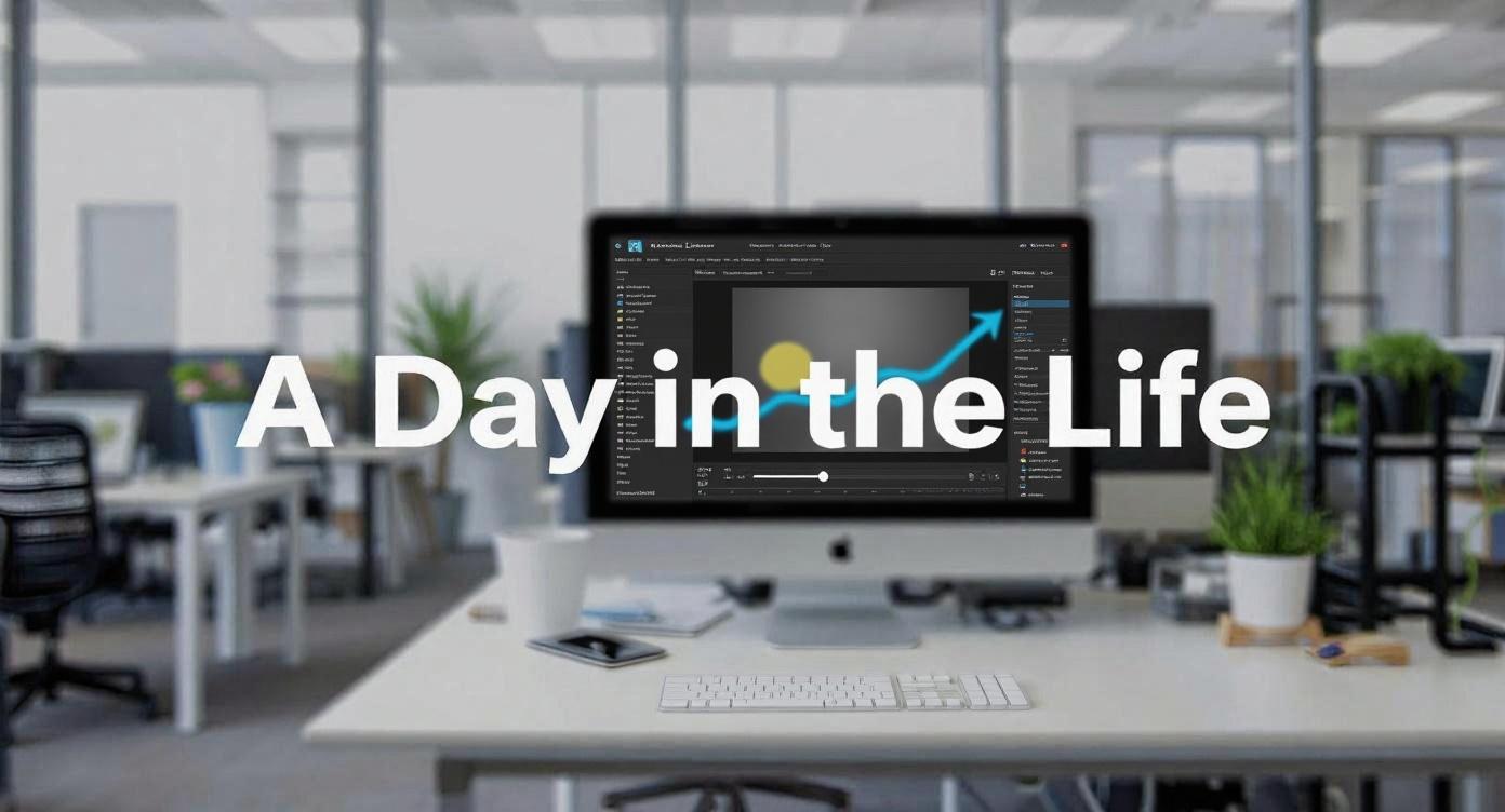 Large white text reading "A Day in the Life" overlaid on an image of a computer monitor in a modern office.